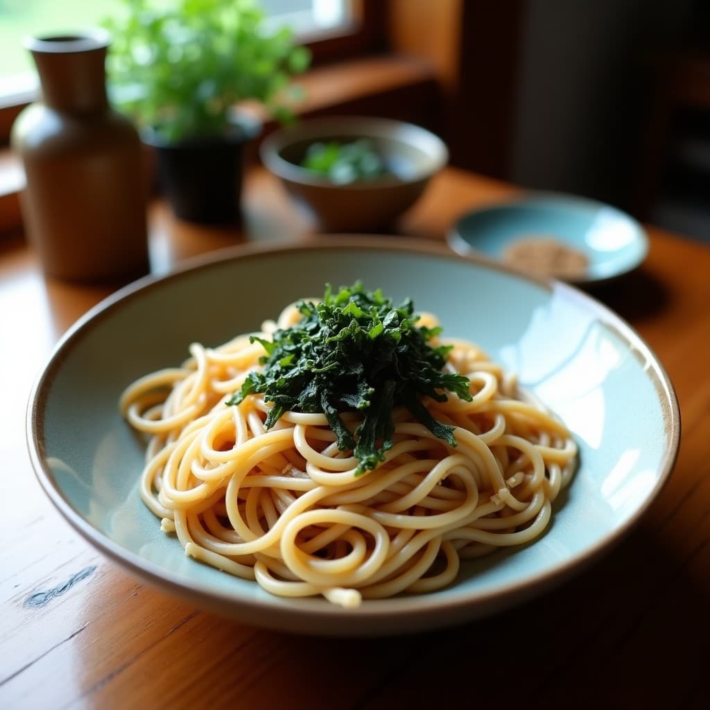 Cuenco de cerámica blanca con sopa de fideos soba sumergidos en caldo dashi transparente, decorado con cebollino picado y algas nori, sobre fondo de madera oscura.