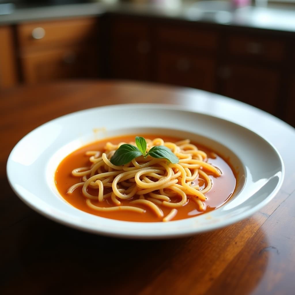 Cuenco de cerámica blanca con sopa de fideos soba marrones, caldo dorado claro, trozos de alga wakame, cebollino picado y semillas de sésamo negro. Fondo de madera oscura con jengibre fresco y palillos de madera.