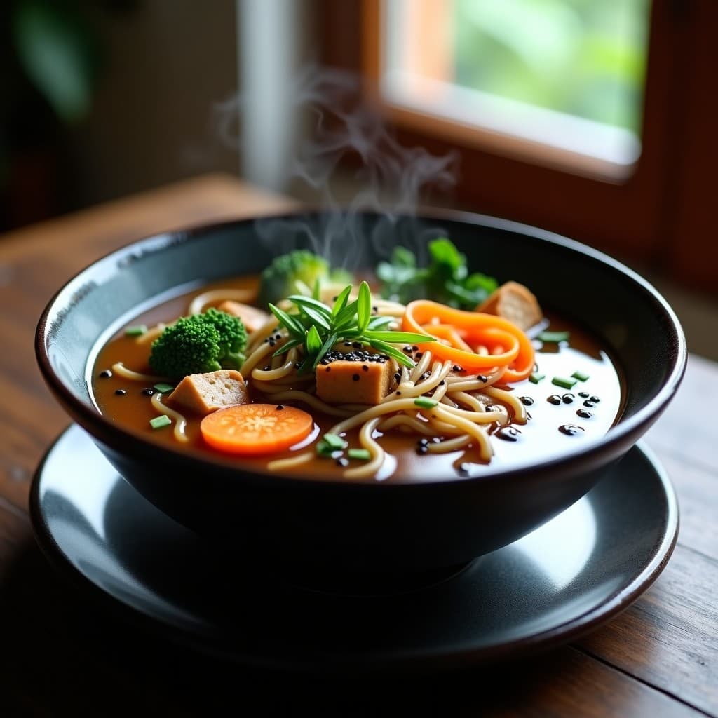 Bowl de cerámica negra con sopa japonesa vegana de fideos soba, tempeh dorado, brocoli, zanahoria y espinacas, decorada con semillas de sésamo y cebollino, sobre fondo de madera oscura.