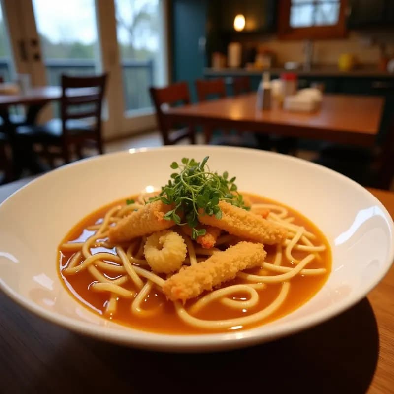 Bowl hondo japonés con sopa de fideos soba sumergidos en un caldo dashi transparente, coronado con tempura de camarón dorada y crujiente, cebollino picado, semillas de sésamo y tiras de alga nori. Plato de receta japonesa rápida y nutritiva.