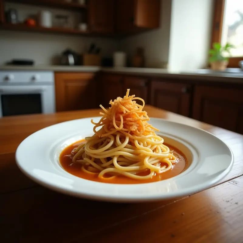 Cuenco hondo de cerámica blanca con sopa de fideos soba en caldo dorado, coronado con tempura de espárragos trigueros crujientes, cebollino picado y semillas de sésamo tostadas. Receta japonesa vegana y baja en calorías.
