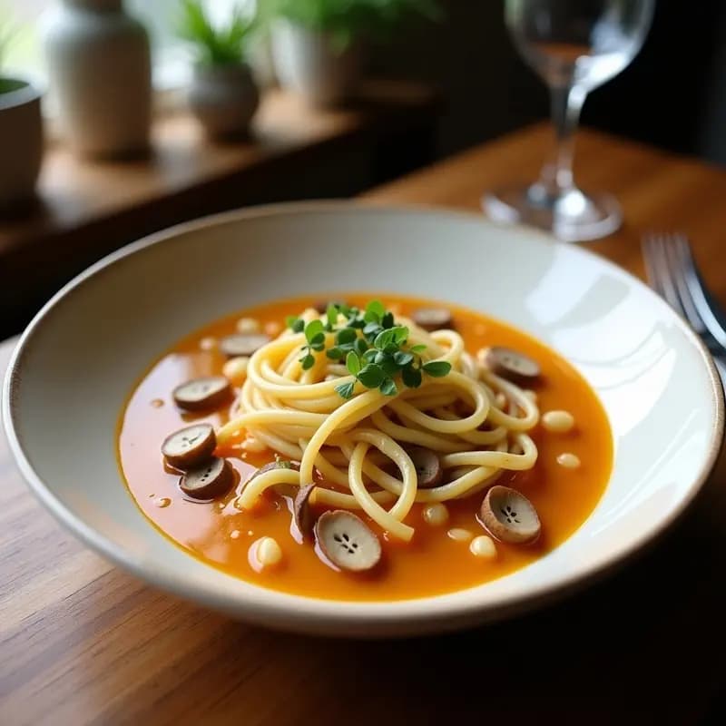 Cuenco hondo de cerámica negra con sopa humeante de fideos de trigo sarraceno, hongos shiitake dorados, algas kombu y cebollino fresco, decorado con semillas de sésamo negro y un hilo de aceite de sésamo tostado. Receta japonesa sin gluten en 15 minutos.