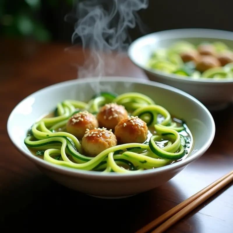 Bol hondo blanco con sopa de fideos de zucchini verdes en forma de nido, bolas de pollo doradas en el centro, decorado con cebollino y semillas de sésamo. Receta china visual y reconfortante.