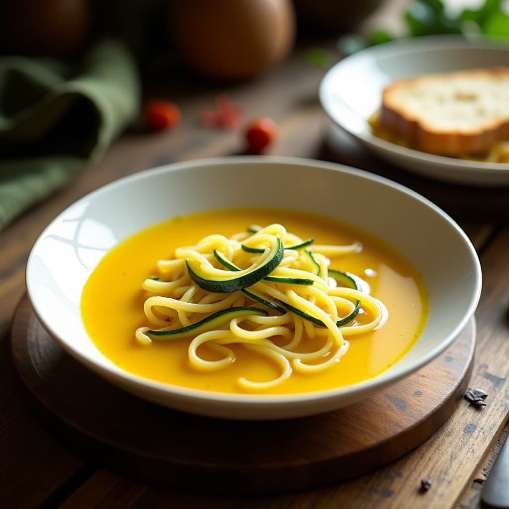 Plato hondo de cerámica blanca con sopa de fides con calabacín y azafrán, servida humeante con julianas de calabacín verde, hebras de azafrán visibles y un hilo de aceite de oliva virgen extra. Fondo rústico con pan tostado.