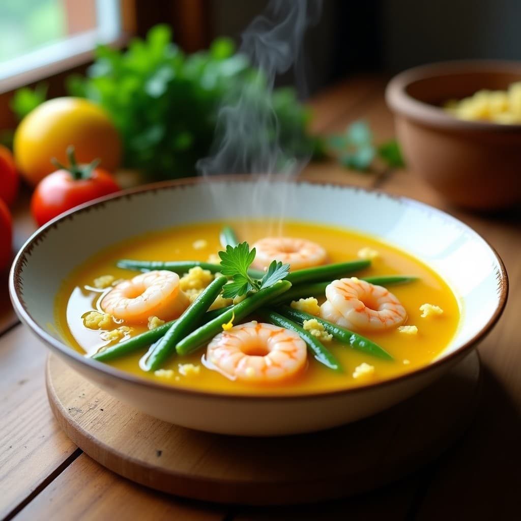 Cuenco hondo de cerámica blanca con sopa de fideuá keto de judías verdes y gambas, decorada con perejil fresco y zest de limón, sobre fondo rústico de madera con hebras de azafrán visibles.