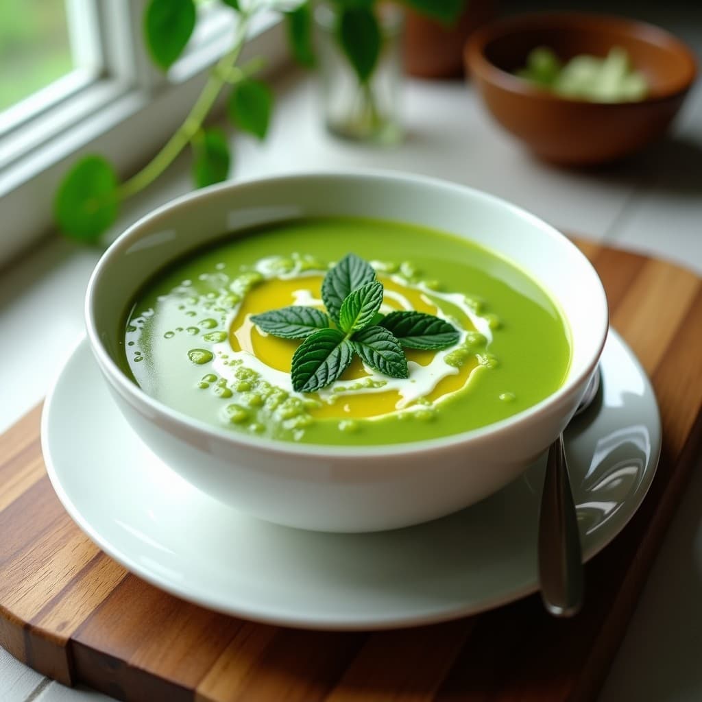 Cuenco blanco con sopa fría de espinacas y yogur griego, decorada con hojas de menta y un hilo de aceite de oliva, sobre fondo rústico de madera.