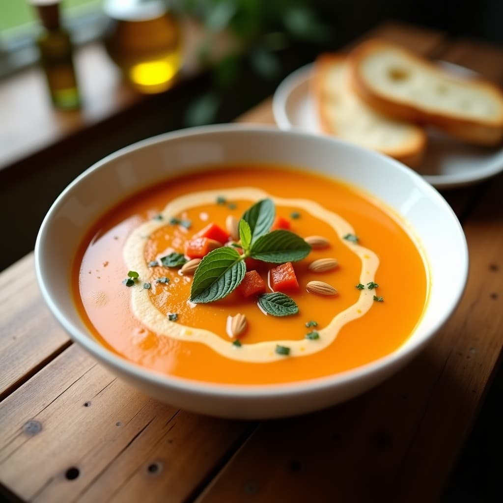 Cuenco blanco con sopa fría de gazpacho andaluz de color naranja claro, decorado con vinagreta de almendras espesa y dorada en espiral, hojas de menta fresca y trocitos de pimiento rojo asado. Fondo borroso de mesa rústica de madera con pan tostado y aceite de oliva.