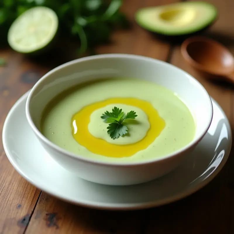 Sopa fría de palo santo y aguacate servida en cuenco blanco sobre fondo rústico, decorada con hilo de aceite de oliva y hojas de cilantro fresco.