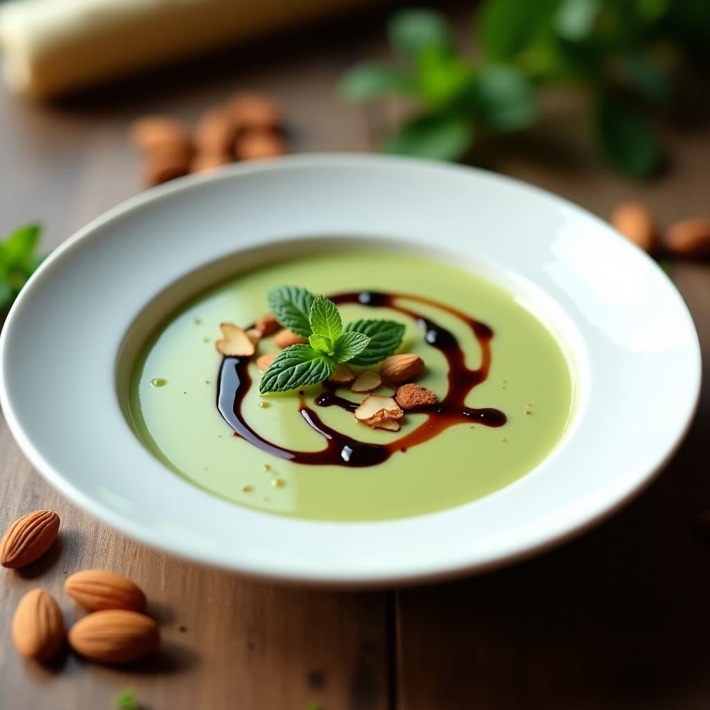 Cuenco blanco con sopa fría de puerro y almendras con vinagre de Módena, decorada con almendras picadas y un hilo de aceite de oliva virgen extra sobre fondo rústico de madera.