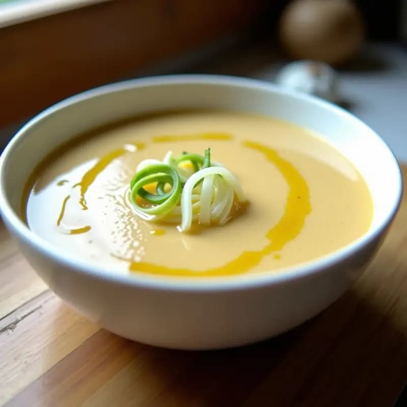 Cuenco blanco con sopa fría de puerro y patata, color crema, decorada con un hilo de aceite de oliva y rodajas de puerro crudo sobre fondo rústico de madera.