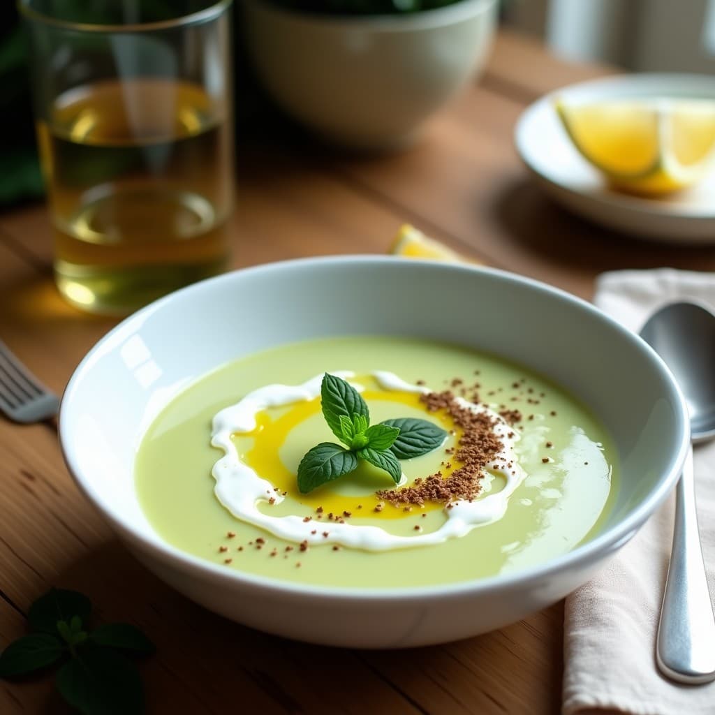 Cuenco de porcelana blanca con sopa fría de puerro y patata con zaatar, decorada con yogur vegetal y un hilo de aceite de oliva, sobre fondo rústico de madera con hierbas frescas.