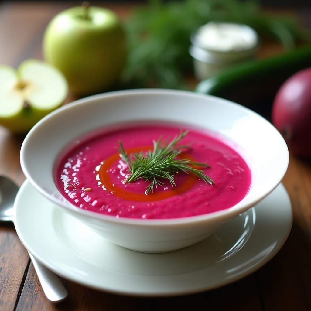 Cuenco blanco con gazpacho ruso vegano de remolacha y manzana, color vibrante rosado, decorado con eneldo fresco y hilo de aceite de oliva virgen extra, servido sobre una mesa de madera rústica con fondo borroso de ingredientes frescos.