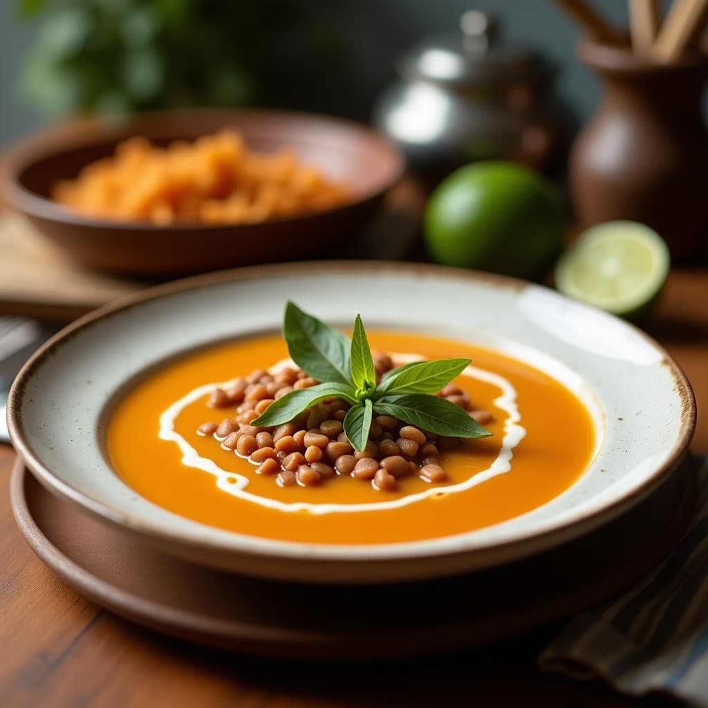 Cuenco de cerámica blanca con sopa fría de sandía y mentha spicata iraní, decorada con cubos de sandía, pistachos picados, hojas de hierbabuena persa y flores de rosa comestibles sobre una mesa de madera rústica con fondo borroso de jardín veraniego.