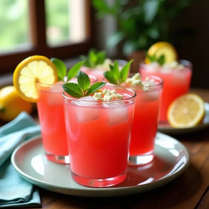 Vasitos transparentes con sopa fría de sandía rosa, cubitos de hielo de limón amarillo brillante, queso feta vegano desmenuzado y hojas de mentol fresco. Receta viral refrescante.
