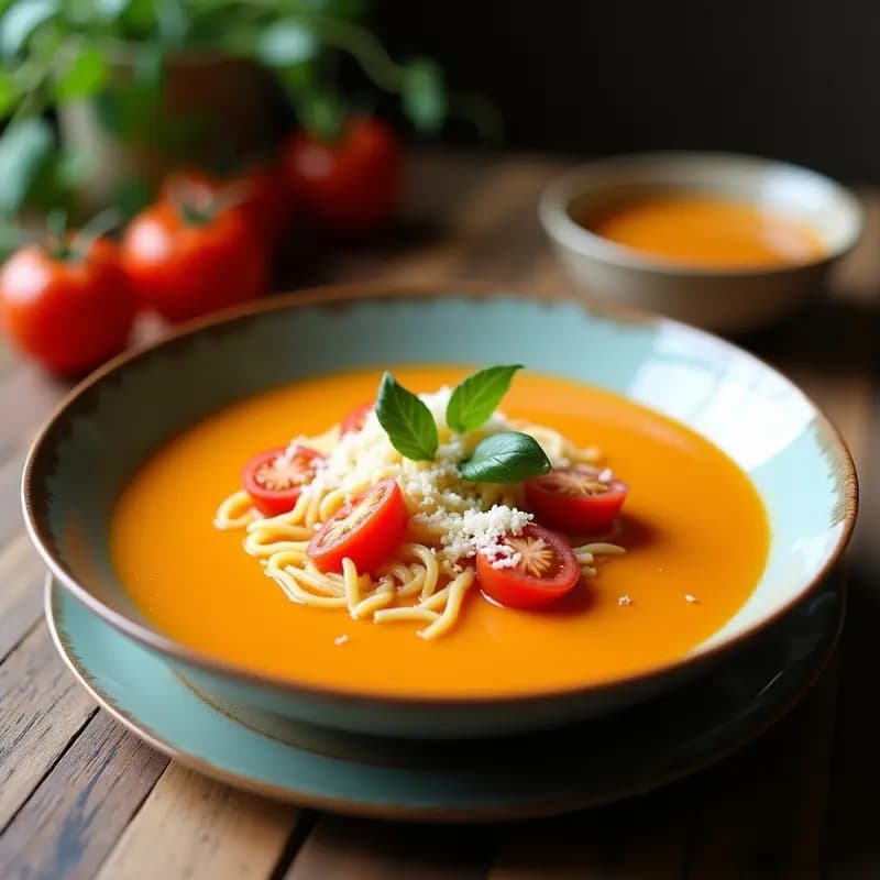 Cuenco blanco con sopa fría de tomate amarillo y albahaca, decorada con crujiente dorado de queso parmesano y hojas frescas de albahaca. Fondo rústico de madera con un chorrito de aceite de oliva virgen extra.