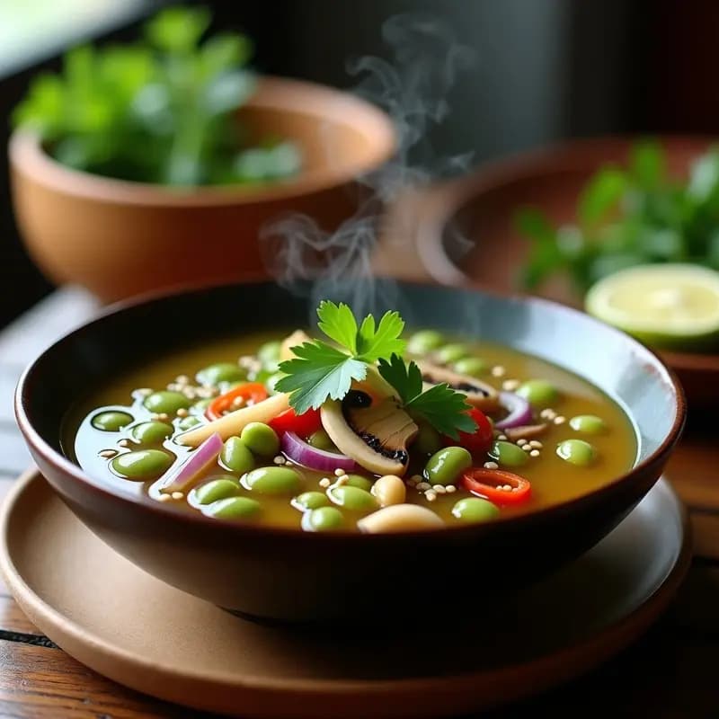 Tazón de sopa china detox de frijoles mung y jengibre, con hongos ostras, cilantro fresco y semillas de sésamo, servida humeante en un bol de cerámica oscura sobre fondo de madera.