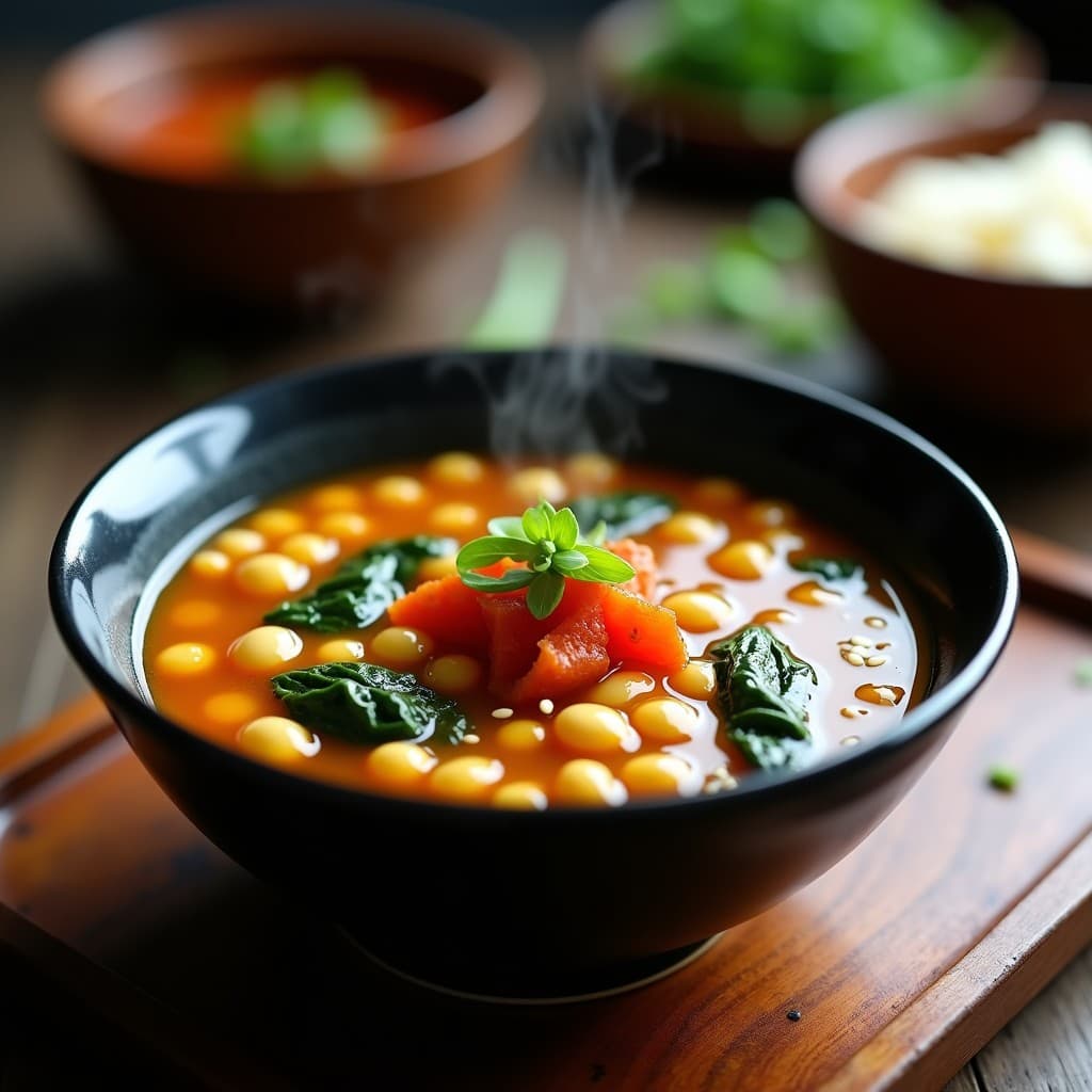 Sopa coreana espesa de frijoles mungo amarillos y espinacas verdes en bowl de cerámica negra, decorada con kimchi rojo, semillas de sésamo y cebollino, con vapor visible y fondo de cocina tradicional.