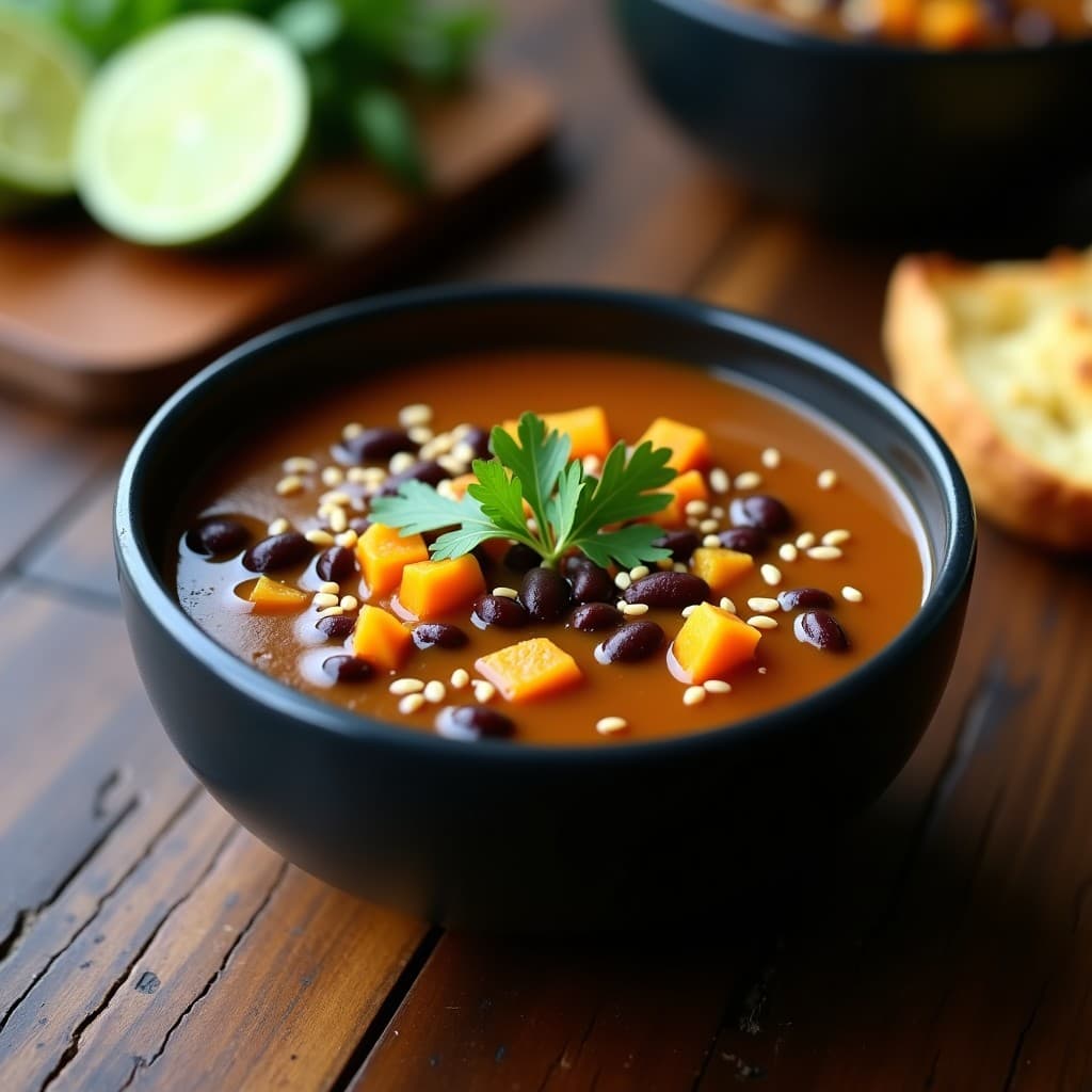 Plato hondo de barro con sopa de frijoles negros y calabaza cubana vegana, trozos de calabaza butternut y frijoles visibles, decorada con cilantro fresco y un chorrito de aceite de oliva, sobre fondo rústico de madera.