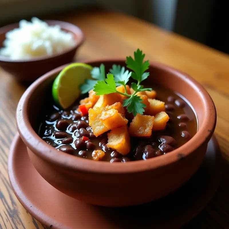 Plato hondo de barro con sopa espesa de frijoles negros, decorada con chicharrones de yuca dorados y crujientes, cilantro fresco y rodajas de lima. Receta cubana en airfryer, alta en proteína y con textura reconfortante.