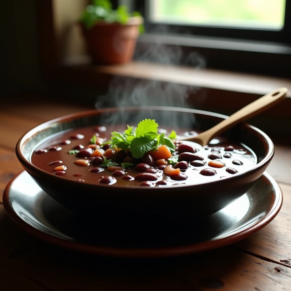 Tazón de cerámica oscuro con sopa espesa de frijoles negros y trozos de malanga, decorada con cilantro fresco y hierbabuena. Fondo rústico de madera con una cuchara de madera sumergida en el plato.