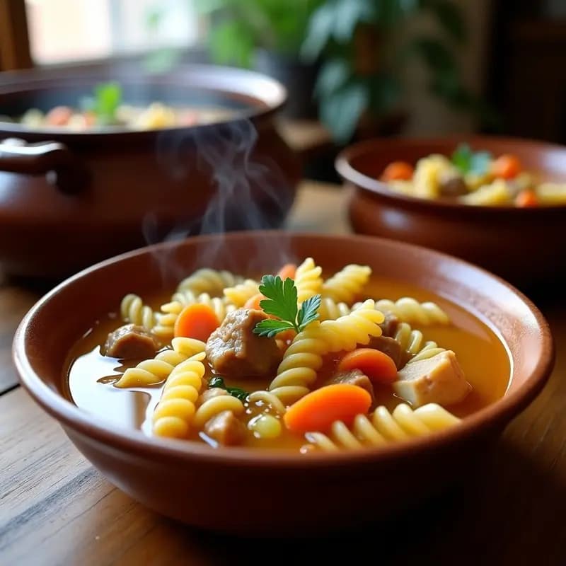 Olla humeante con sopa de galets catalana, pasta grande en forma de caracol nadando en un caldo dorado con trozos de pollo, ternera, zanahoria y patata. Decorada con perejil fresco y servida en cuencos de barro rústicos.