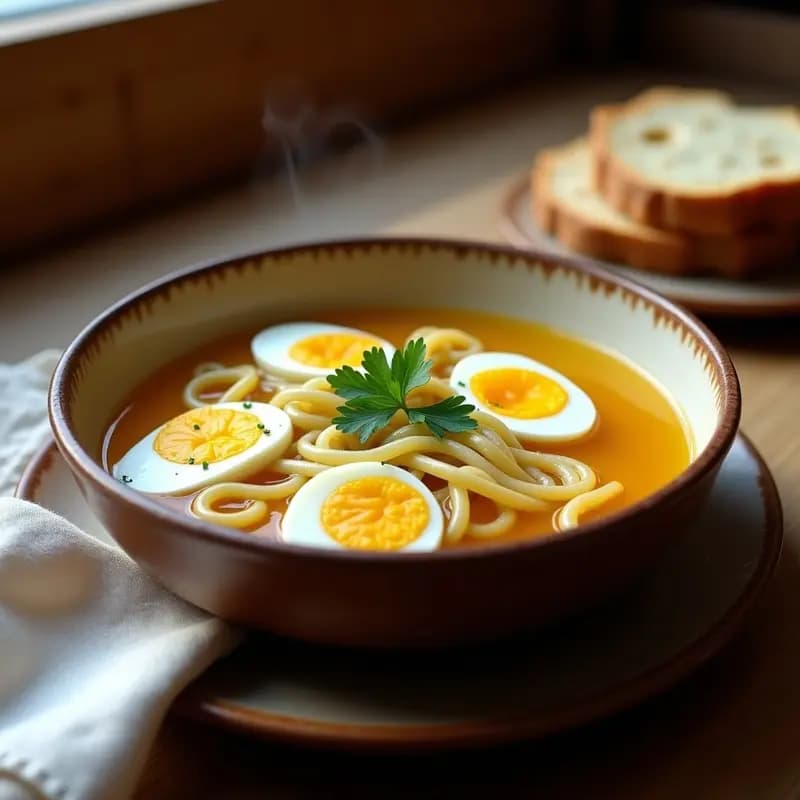 Plato hondo de barro con sopa de gallets humeante, fideos gruesos en caldo dorado, huevos duros cortados en cuartos y perejil fresco, receta catalana de aprovechamiento.