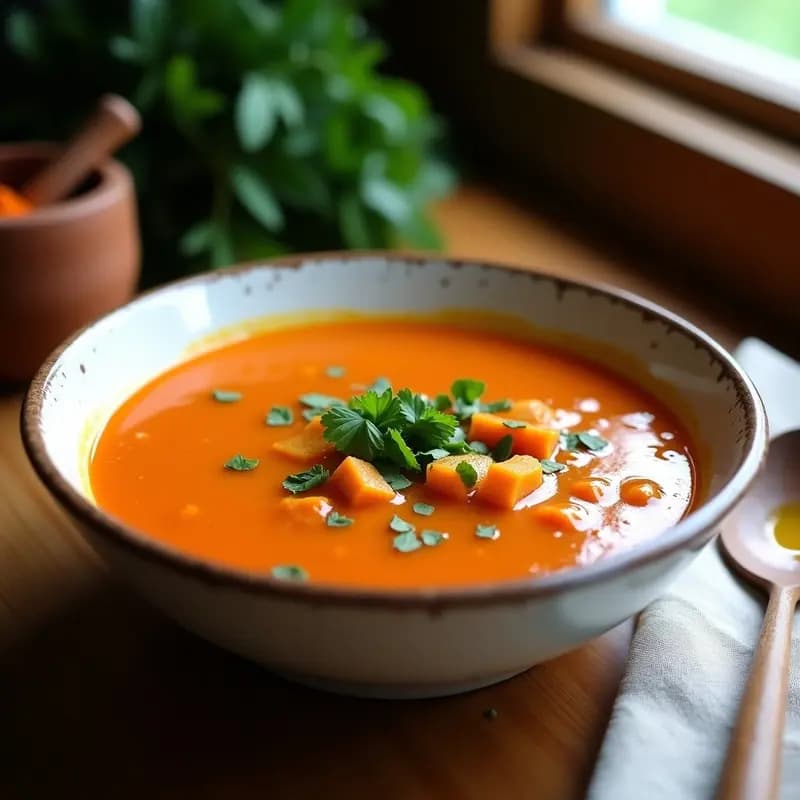 Plato hondo de cerámica blanca con sopa espesa de gandules y calabaza butternut, color dorado intenso por el achiote, decorada con culantro fresco picado y un hilo de aceite de oliva. Fondo rústico con servilleta de lino y cucharón de madera.