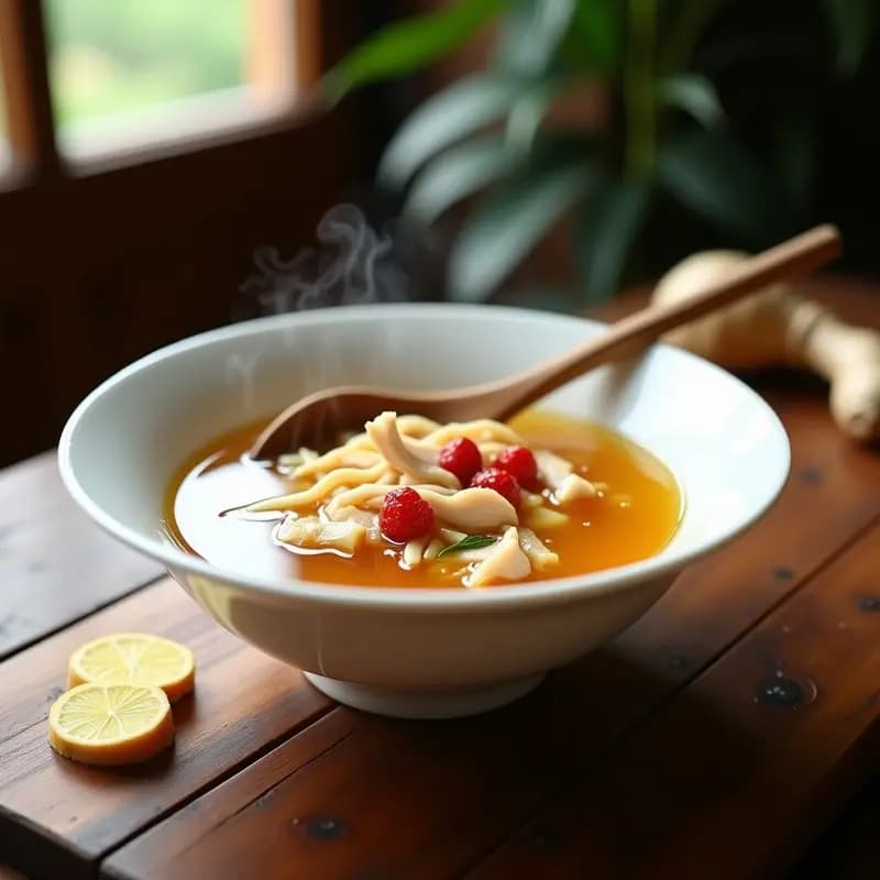 Cuenco de cerámica blanca con sopa de ginseng y pollo china, caldo dorado y transparente con trozos de pollo desmenuzado, bayas de goji, semillas de loto y hierbas flotando. Acompañado de una cuchara de madera y rodajas de jengibre fresco sobre una mesa de madera rústica.