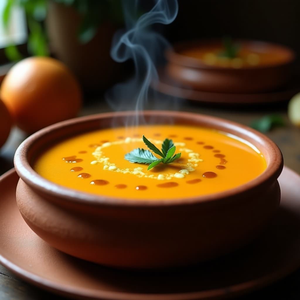 Sopa cremosa de guandú y calabaza en cuenco de barro, con un hilo dorado de aceite de lentisco, decorada con perejil fresco. Plato tradicional canario vegano, humeante y reconfortante.