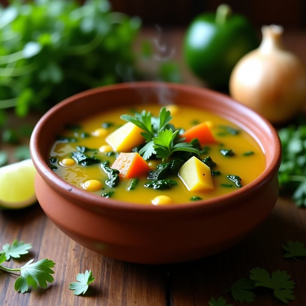 Sopa espesa de guandú y espinacas en un bowl de barro, con trozos de papa, zanahoria y hojas verdes de culantro fresco flotando. Plato tradicional puertorriqueño servido con un hilo de aceite de oliva y rodeado de ingredientes frescos como pimiento verde y cebolla.