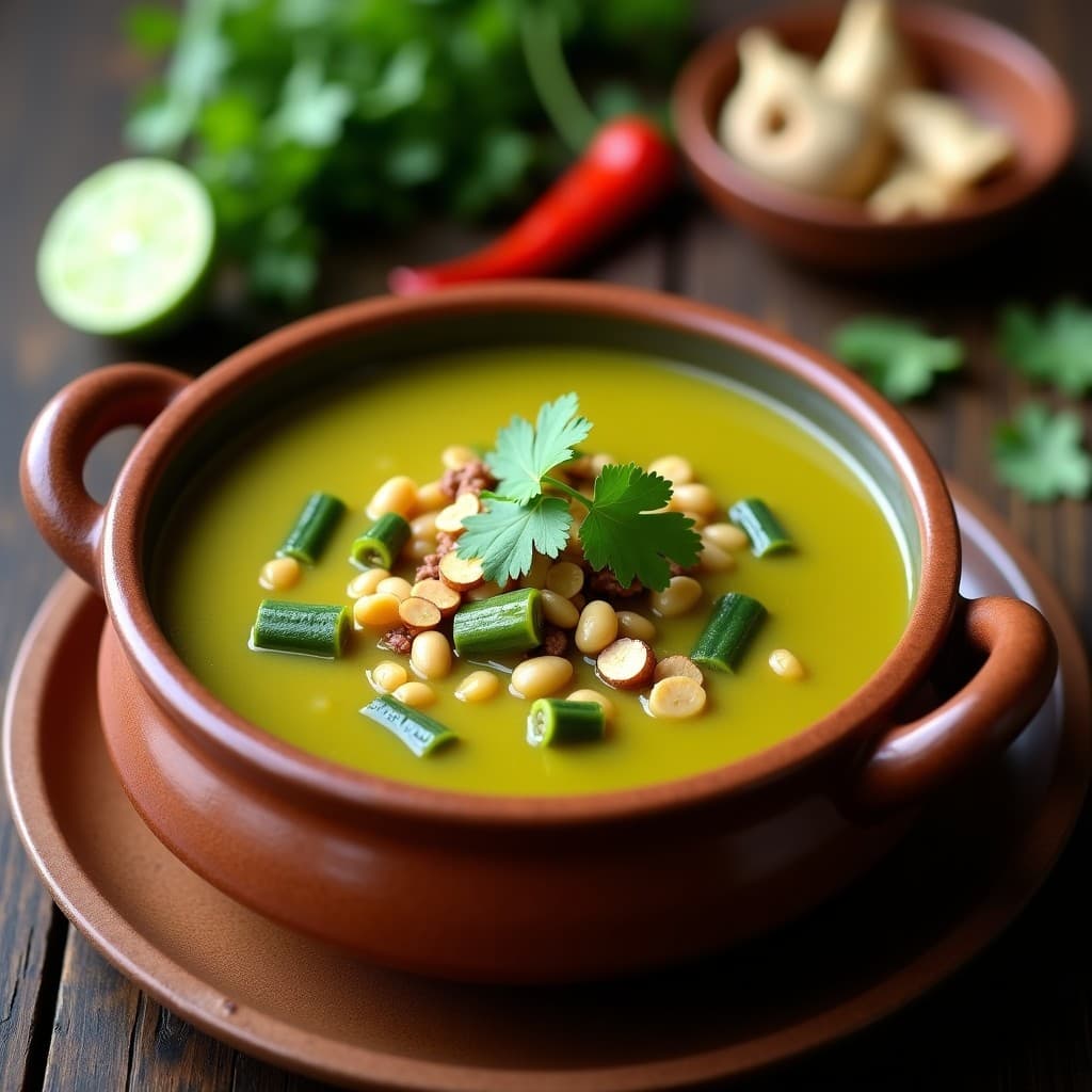 Plato hondo de barro con sopa espesa de guandú y okra, de color verde amarillento, decorada con cacahuetes tostados picados y hojas de cilantro. Fondos borrosos de ingredientes frescos como limón, chile habanero y jengibre sobre una mesa de madera rústica. Receta afrocaribeña en olla exprés con toque picante.