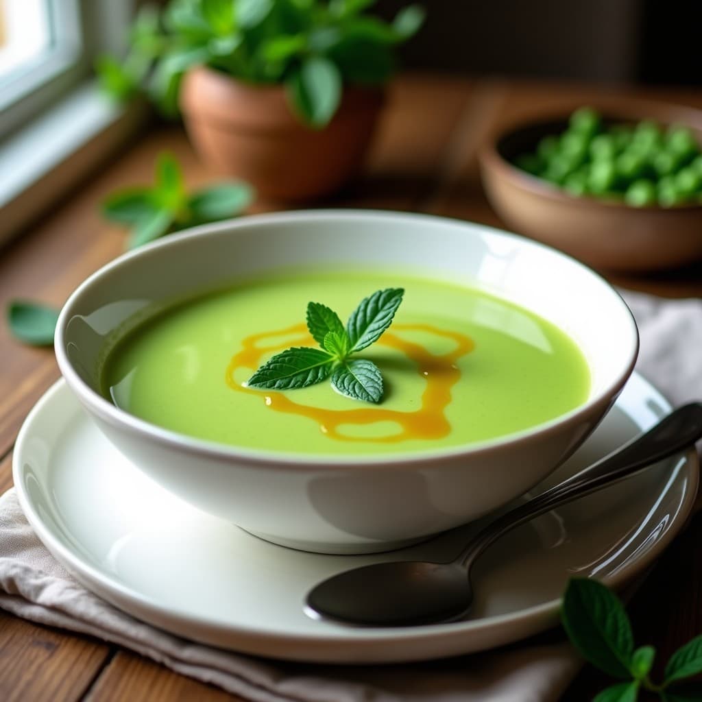 Cuenco blanco con sopa de guisantes y menta de color verde vibrante, decorada con hojas de menta fresca y un hilo de aceite de oliva, sobre fondo rústico de madera.
