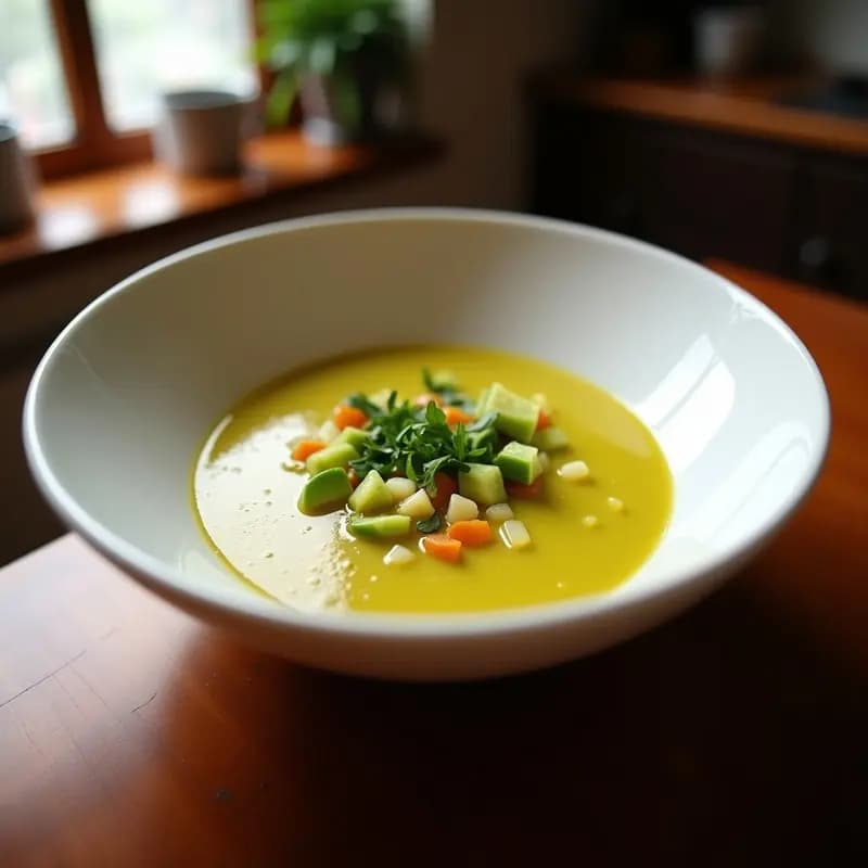 Cuenco de cerámica blanca con sopa cremosa de color beige claro, decorado con rodajas de limón y hojas de cilantro fresco. Al fondo, huesos de aguacate partidos y trozos de jengibre sobre una tabla de madera. Receta zero waste mexicana.