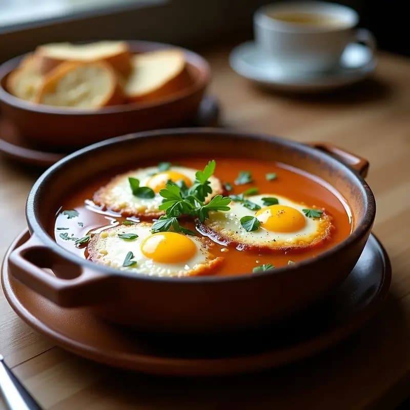 Plato hondo de barro con sopa de joandes leonesa, huevos escalfados sobre rebanadas de pan de hogaza tostado, espolvoreado con perejil fresco y queso curado rallado.