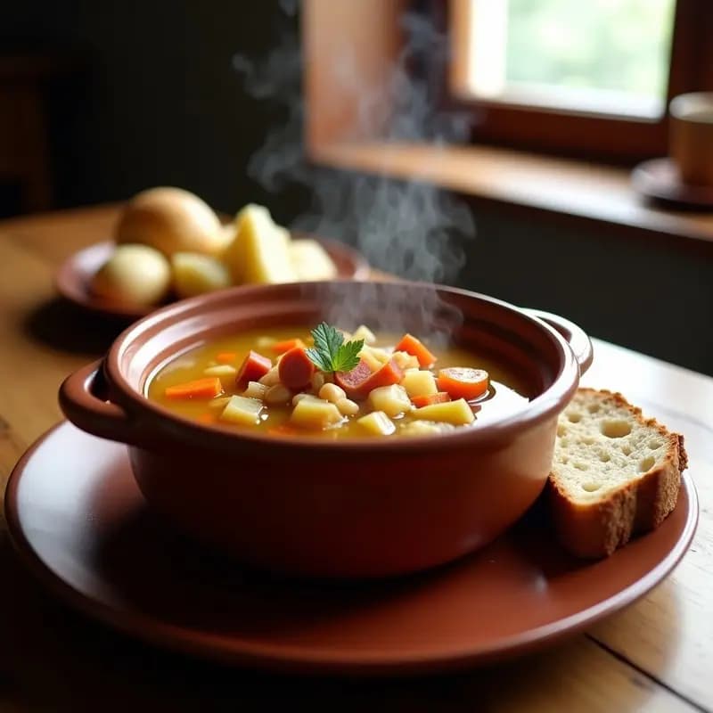 Olla de barro humeante con sopa de joandilla asturiana, llena de alubias blancas, trozos de chorizo, patatas, zanahoria y repollo en un caldo dorado. Acompañada de una rebanada de pan rústico y servida en un cuenco de cerámica tradicional.