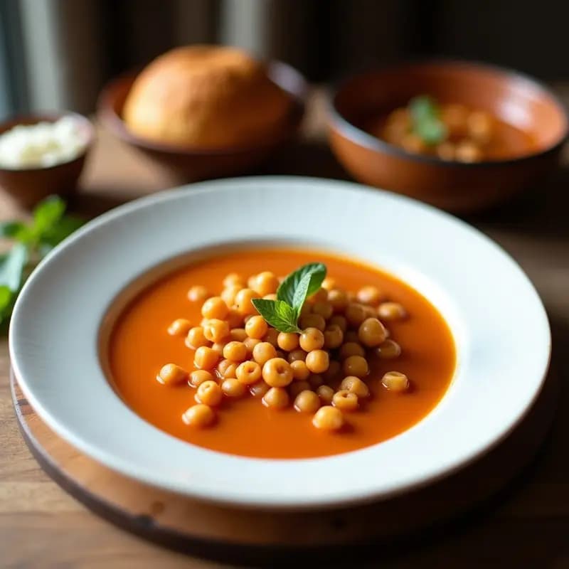Olla de barro humeante con sopa de Joanes valenciana, garbanzos, rodajas de morcilla de cebolla y verduras en un caldo dorado, acompañada de pan tostado rústico.