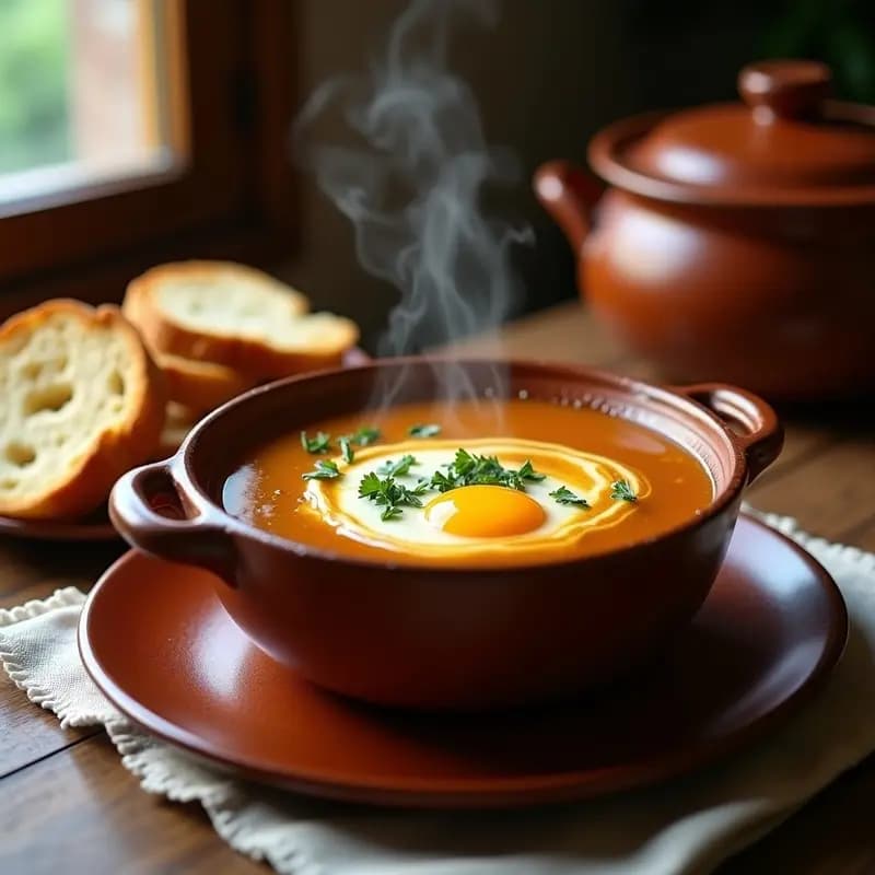 Cazuela de barro humeante con sopa de Joannes espesa, huevos cuajados en hebras y pan tostado dorado al lado. Receta tradicional de pan duro aprovechado.