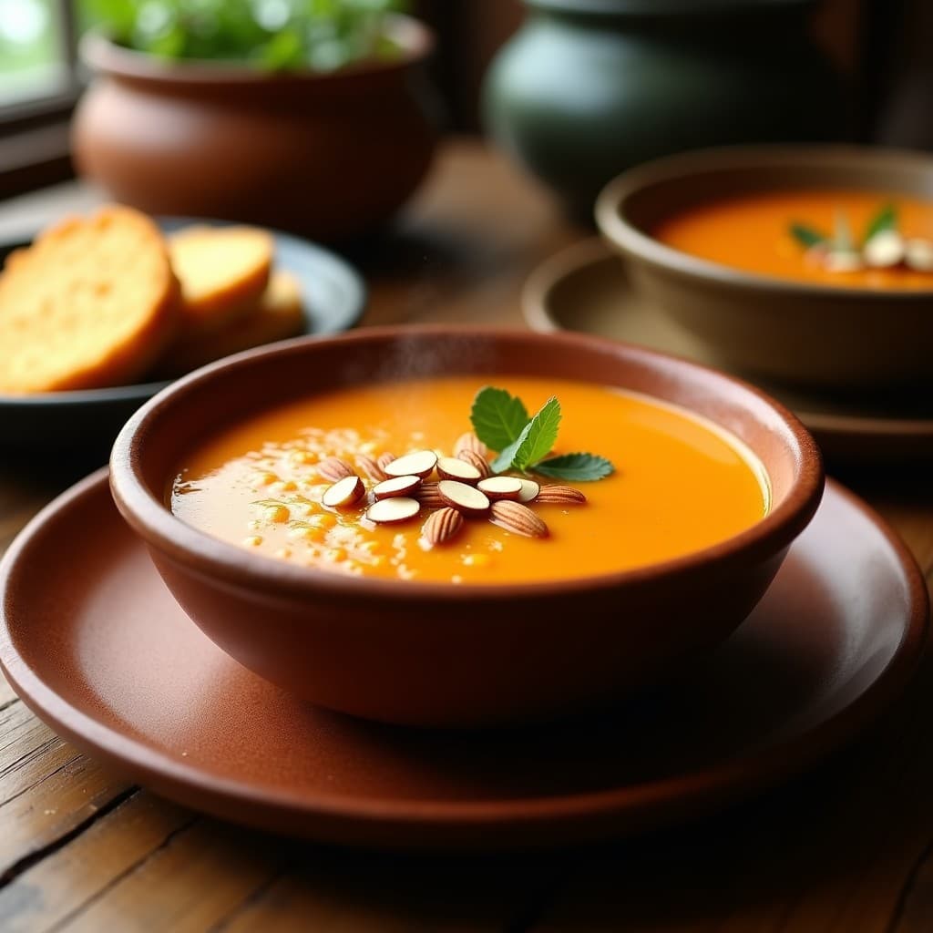 Plato hondo de barro con sopa espesa de jobos y calabaza cabrera, de color anaranjado intenso, decorada con almendras fileteadas tostadas y hojas de culantro fresco. fondo rústico con pan de yuca.