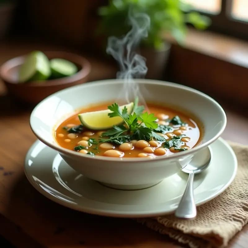 Plato hondo de cerámica blanca con sopa de jobos y chipilín, de color verde intenso y beige, decorado con rodajas de limón y hojas de cilantro fresco. Receta tradicional guatemalteca en olla exprés.