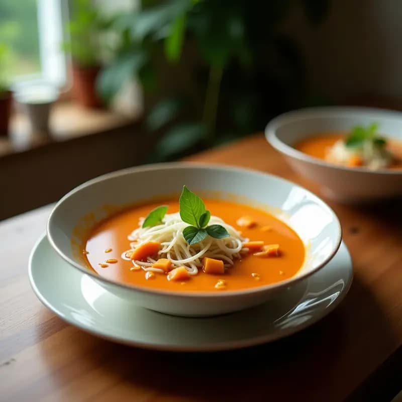 Bowl de cerámica negra con sopa Jochien Root vegana, caldo dorado con leche de coco, trozos de ñame, champiñones shiitake, tofu y cilantro fresco, acompañado de rodajas de limón y hojas de lima makrut.