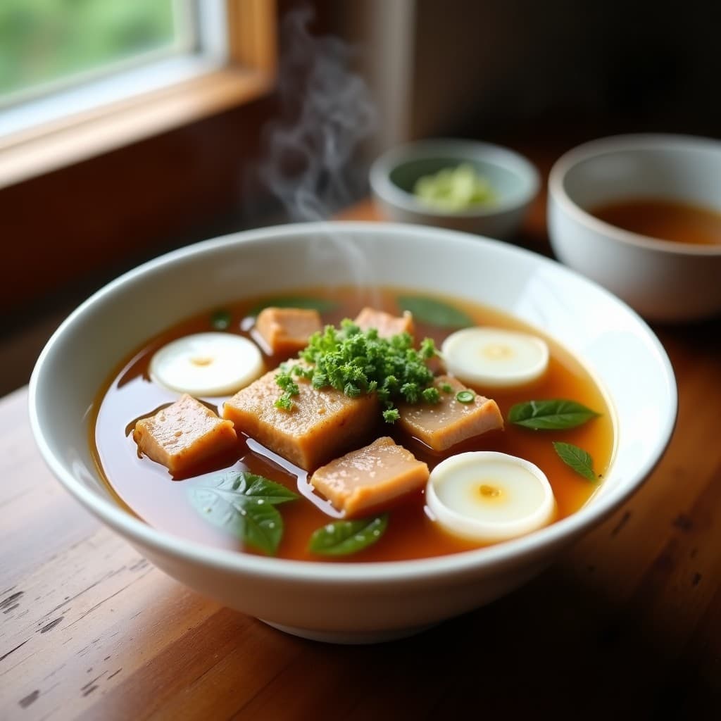 Cuenco hondo de cerámica blanca con sopa de kakuni japonesa, trozos de panceta glaseada, rodajas de rabanito y hojas de shiso frescas flotando. Plato tradicional japonés en olla lenta, con fondo de mesa de madera rústica.