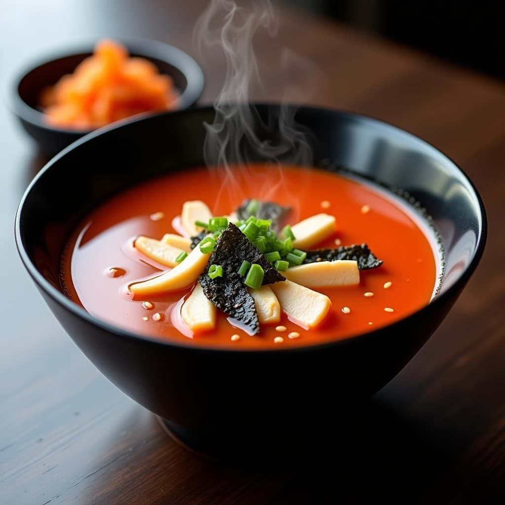 Cuenco hondo de cerámica negra con sopa de kimchi y pollo de laboratorio, caldo espumoso de color rojo intenso, trozos de pollo blanco, tofu sedoso, algas wakame y semillas de sésamo. Fondos de cebollino fresco y kimchi fermentado como guarnición. Receta coreana futurista baja en grasas.