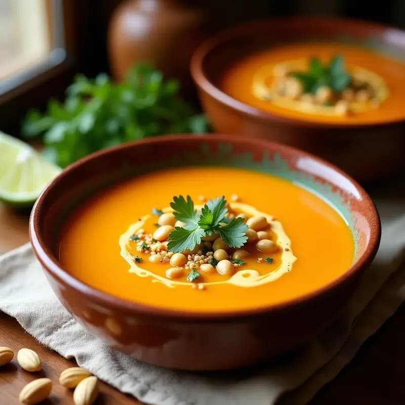Plato hondo de barro con Sopa Lajo de Batata y Maní con Aji Amarillo, cremosa y espesa, decorada con cilantro fresco y trozos de maní tostado, servida con un fondo rústico y un toque de ají amarillo en polvo espolvoreado.