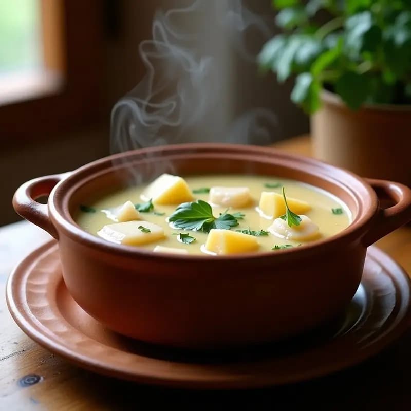Cazo de barro humeante con sopa de leche y merluza gallega, trozos de pescado blanco y crema espesa, decorada con perejil fresco sobre fondo rústico.