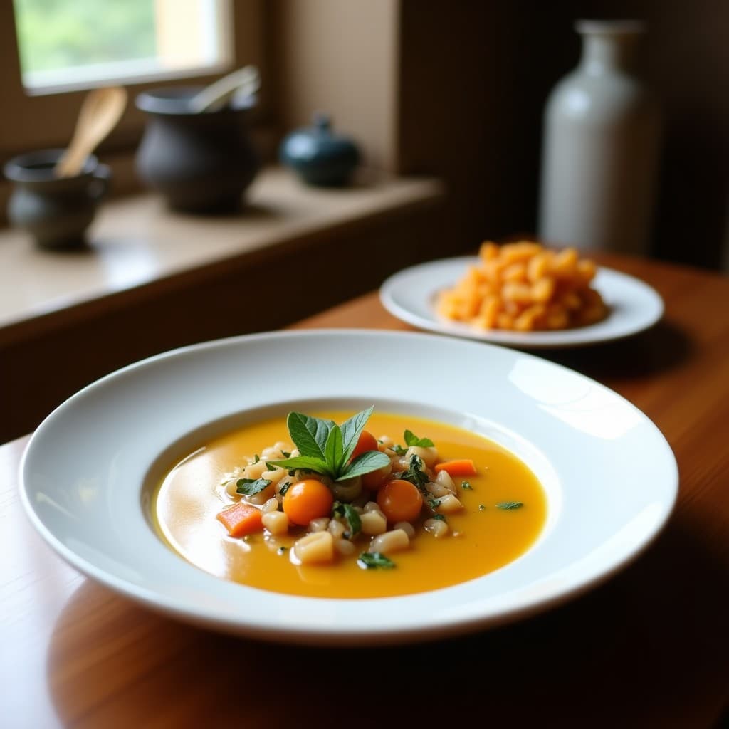 Cuenco de cerámica negra con sopa humeante de lentejas beluga oscuras y algas wakame verdes, decorada con semillas de sésamo negro y cebollino picado. Plato japonés tradicional alta en hierro, servido sobre una mesa de madera rústica.