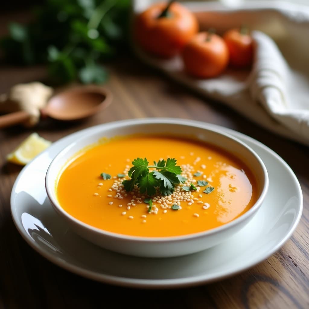 Cuenco blanco hondo con sopa cremosa de lentejas rojas y calabaza butternut, decorada con perejil fresco y un chorrito de aceite de oliva. Al fondo, trozos de pan tostado y una cuchara de madera. Receta vegana de sopa de lentejas rojas y calabaza con jengibre en olla rápida.