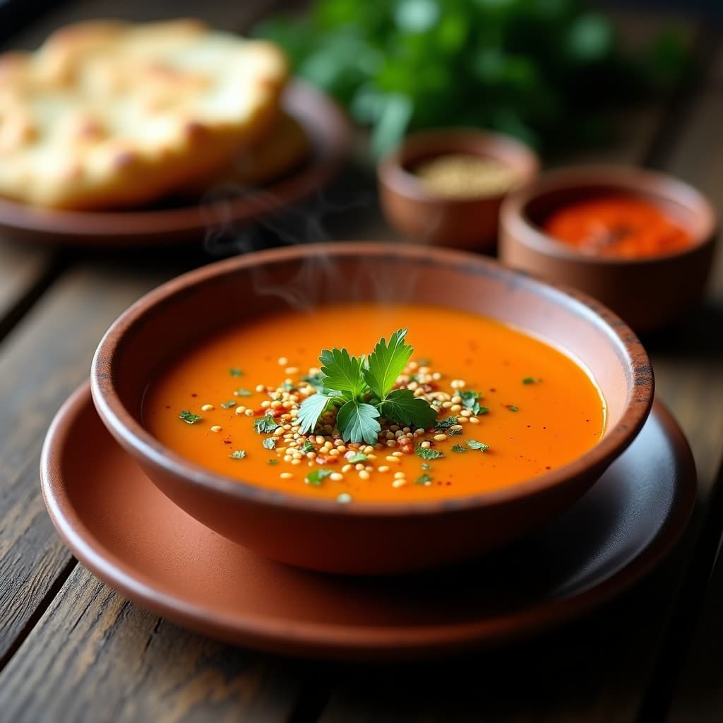 Cuenco hondo de barro con sopa de lentejas corail y comino, de color dorado intenso, decorado con cilantro fresco y semillas de sésamo. Al fondo, pan de pita y especias marroquíes como comino y harissa.