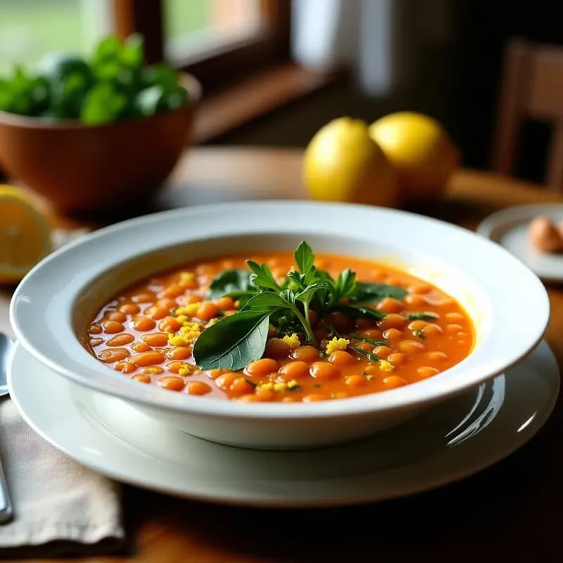 Sopa francesa cremosa de lentejas corail con espinacas frescas y rodajas de limón en un bol de barro rústico, servida con hierbas de Provenza espolvoreadas y un chorrito de aceite de oliva virgen extra.