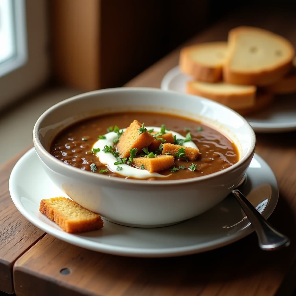 Cuenco hondo de cerámica blanca con sopa espesa de lentejas pardina, decorada con trozos dorados de pan de jengibre, crema agria y perifollo fresco. Fondo de mesa rústica con pan de jengibre al lado.