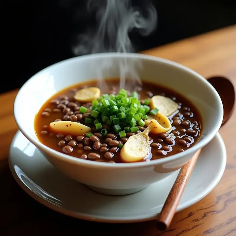 Plato hondo de porcelana blanca con sopa de lentejas hongkonés, rodajas de raíz de loto, hongos shiitake y jengibre, decorada con cebollino picado y un hilo de aceite de sésamo. Vapor subiendo de la sopa caliente sobre fondo oscuro.